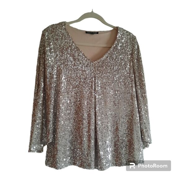Cable & Gauge Tops - Cable And Gauge Sequin Bell Sleeve Special Occasion Blouse Top